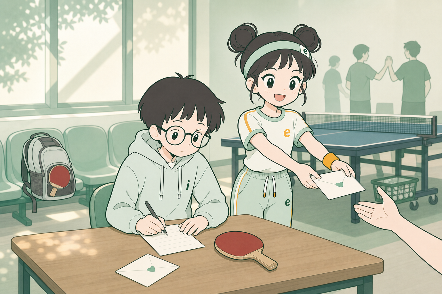 小i认真写信，小e把信递给球友